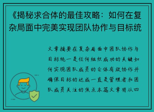 《揭秘求合体的最佳攻略：如何在复杂局面中完美实现团队协作与目标统一》