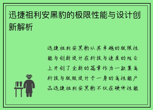 迅捷祖利安黑豹的极限性能与设计创新解析
